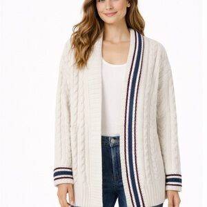 POL Cream Cable Knit Open Front Cardigan w/ Navy & Burgundy Trim